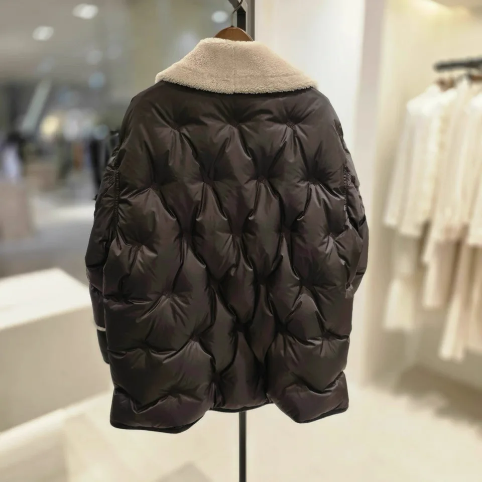 Faionable Spliced Lammfellkragen Gänsedaunen Jaet Ele Leder und Pelz Inteated Sle Pendelwind für Damen