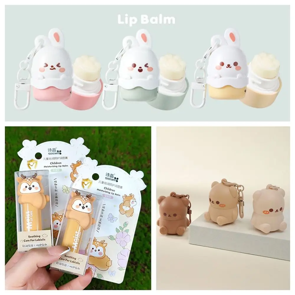 Bear Shaped Lip Gloss Cute Cartoon Rabbit Shape Lip Balm with Key Chain Long Lasting Lipstick Kids