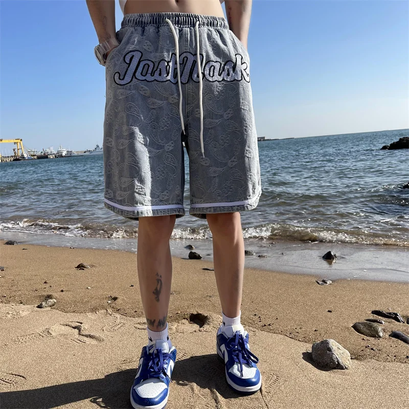 Summer Denim Embroidered Shorts Men American Style Trendy Brand Art Design Pants Soft Loose Breathable Straight Beach Cotton 023