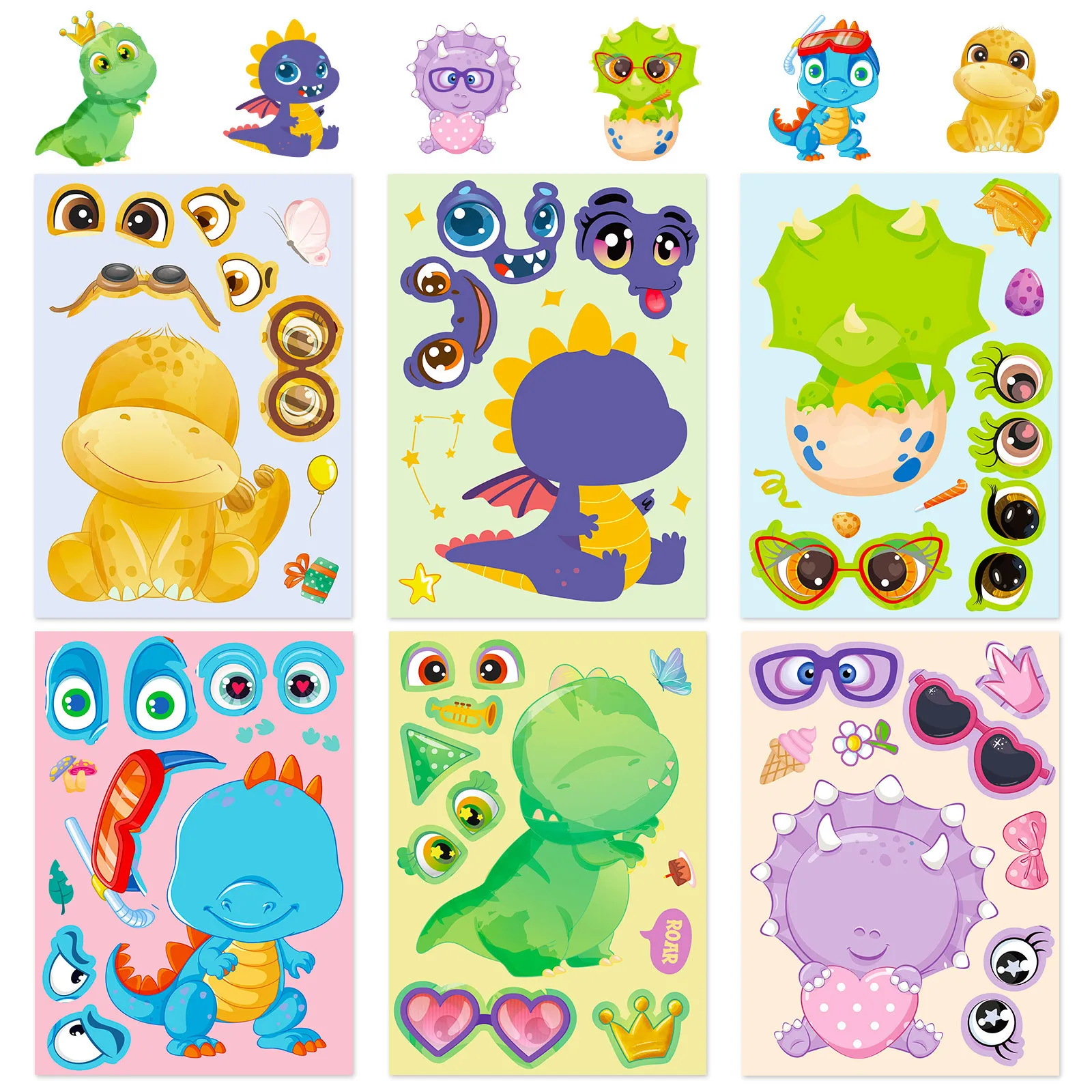 Set di 6 adesivi per collage di cartoni animati di dinosauri, giochi fai da te, decalcomanie artigianali per animali, per skateboard portatile
