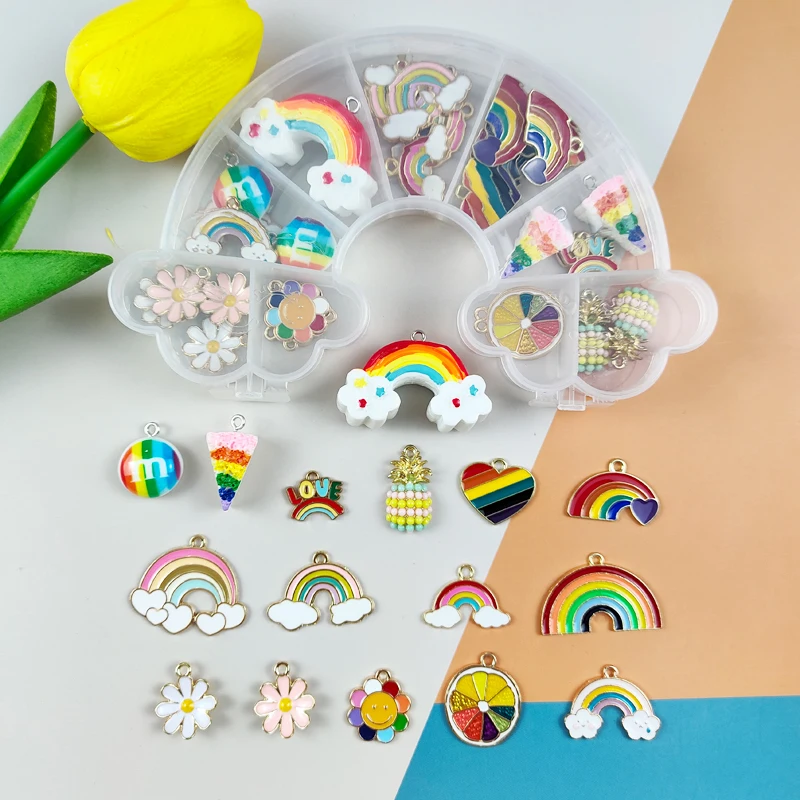 ApeUr Mixed 31pcs/Box Rainbow Series Flowers Enamel Metal Charms Resin Pendants For Jewelry Making KIT DIY Keychain Material SET