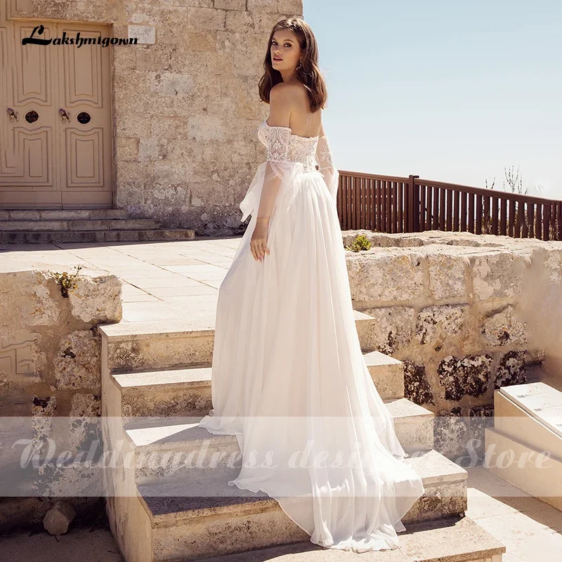 2021 New A Line Boho Beach Wedding Dresses with Detachable Sleeves Lace Applique Elegant Bridal Gowns robe de mariee Lakshmigown