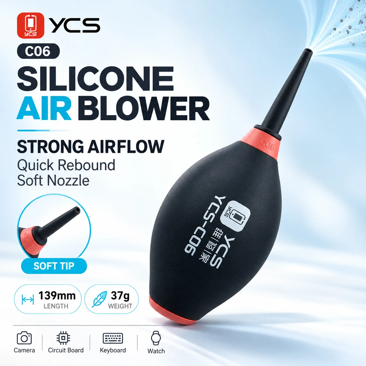 YCS C06 Manual Air Blower 139mm 37g Silicone Squeeze Bulb with Soft Tip for Camera Lens Keyboard Watch and Electronics Cleaning