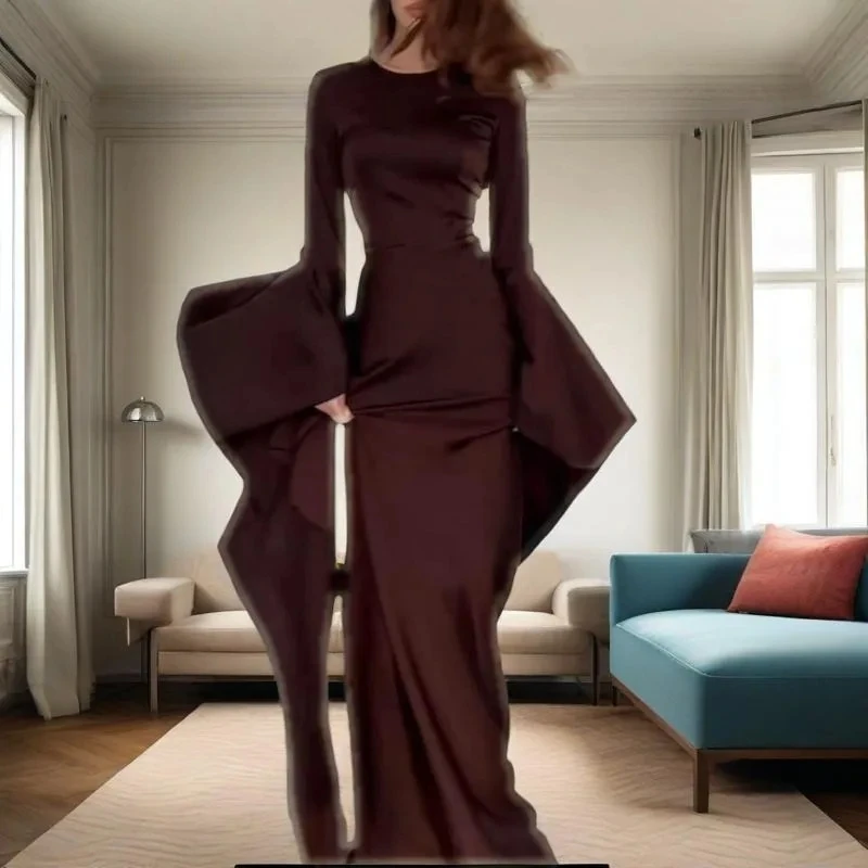 

Evening Gown Dress Women's Sexy Solid Color Round Neck Flared Sleeves Elegant Style Summer New Item