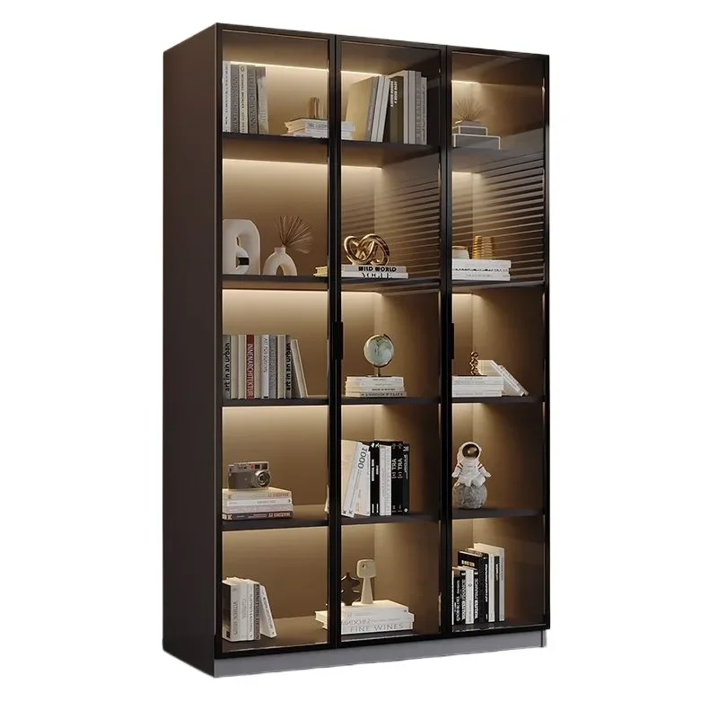 

Solid wood bookcase, integrated whole wall to top, combined glass door, wall display cabinet, household living room, storage