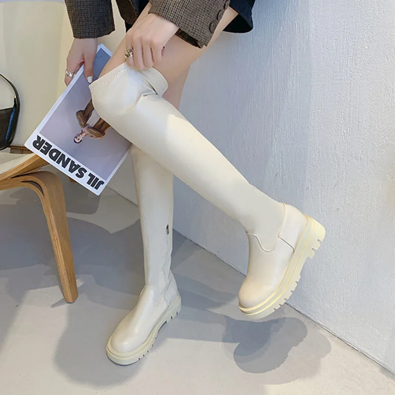 Women High Boots Fashion Woman Round Toe Zipper PU Leather Knee High Boots Women Chunky Platform Long Boots Solid Retro Botas