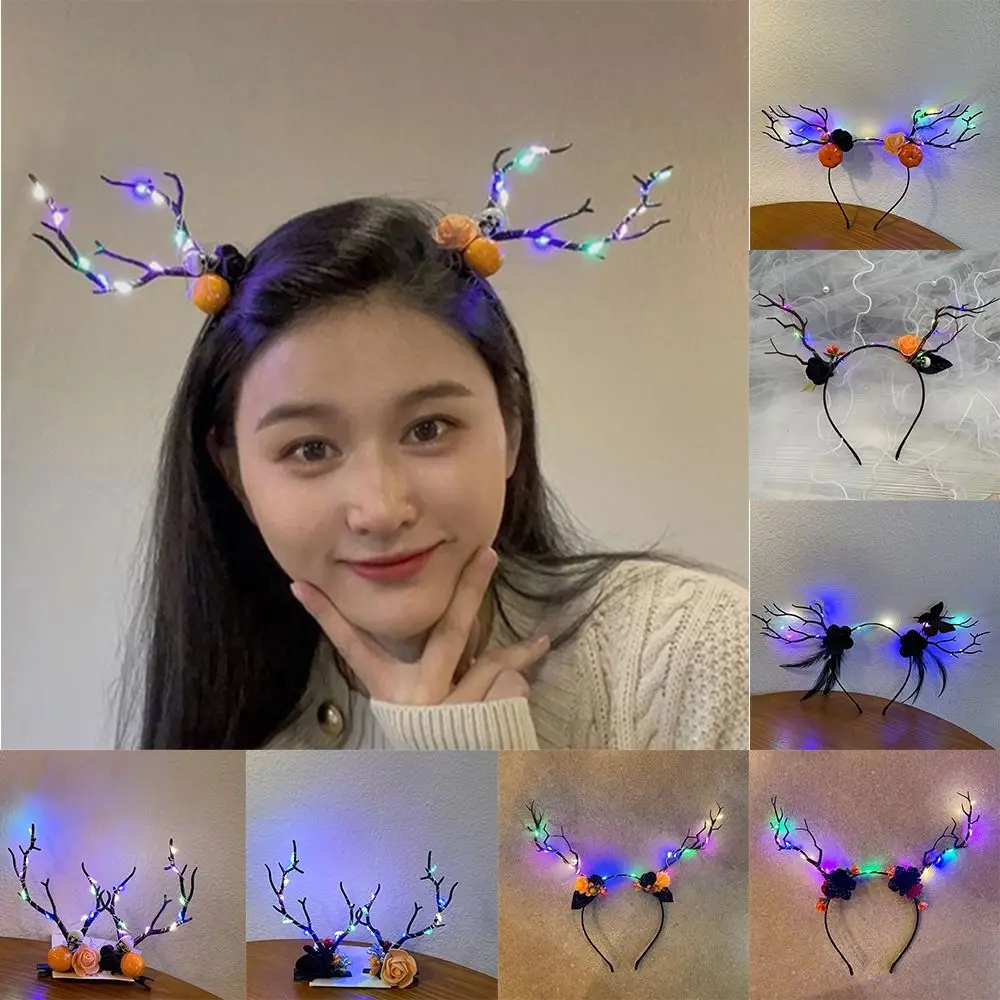 Vintage Elk Ears Halloween Glowing Antler Hair Hoop LED Ghost Fairy Deer Ear Headband Skull Pumpkin Kids Head Wear Hair Ornament