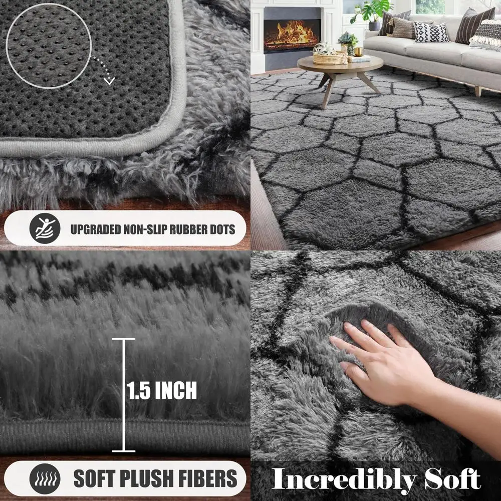 

Большие пушистые серо-черные геометрические ковры с длинным ворсом для гостиной, спальни, детских комнат и общежитий