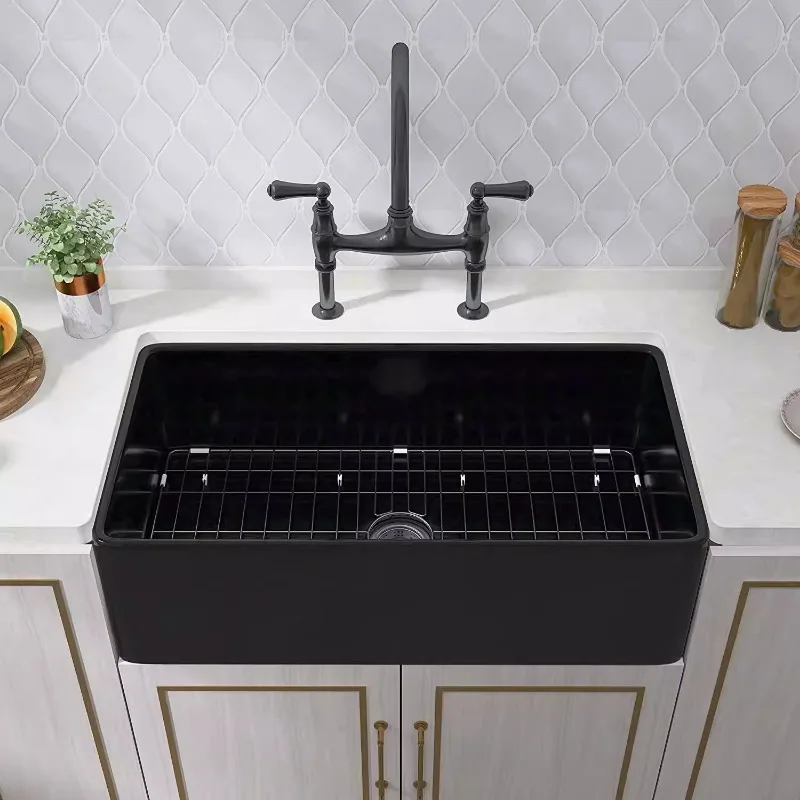 Kitchen black ceramic sink front semi-embedded sink large single sink