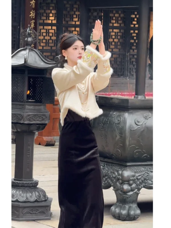 

New Chinese Sle Winter Outfit Women's Plu Cotton Jaet Dr Set Ele And Suitable High Waist A-Line Skirt