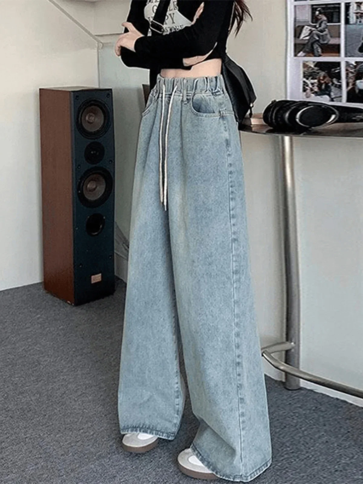 Botvotee Elastyczne Jeansy z Wysokim Stanem i Szerokimi Nogawkami dla Kobiet Luźne Proste Niebieskie Długie Spodnie Jeansowe Damskie Moda Streetwear