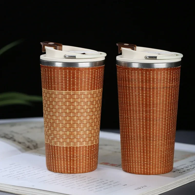 Retro Handmade Thermal Mug Fashion Bamboo Weaving Ceramic Coffee Cup Portable Hand Knitting Office Bubble Tea Cup