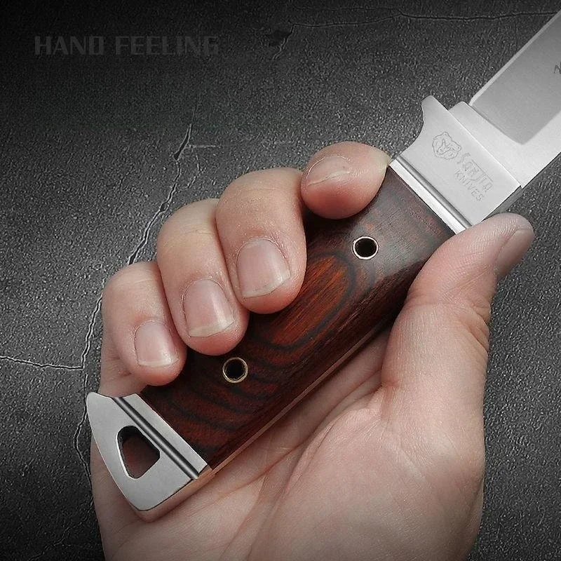 Outdoor mahogany handle pocket knife, high hardness 5CR13 stainless steel straight knife with sheath, camping EDC survival knife