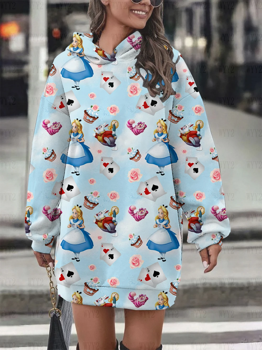 

Disney princess print hooded skirt dress round neck sweater pullover casual street long autumn and winter sweatshirt