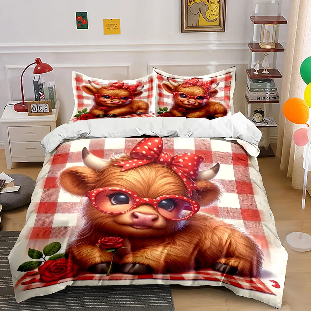

Red bow calf with roses Pattern Duvet Cover Set Digital Print Colorful Polyester Bedding with Zipper Closur for kids gifts