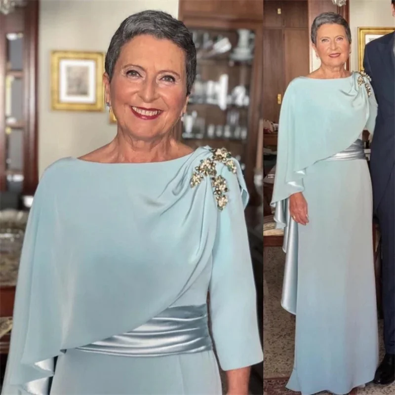 Vestido com pescoço de barco para mãe da noiva, vestido de baile manga comprida, elegante vestido de noiva modesto, moderno, 2024