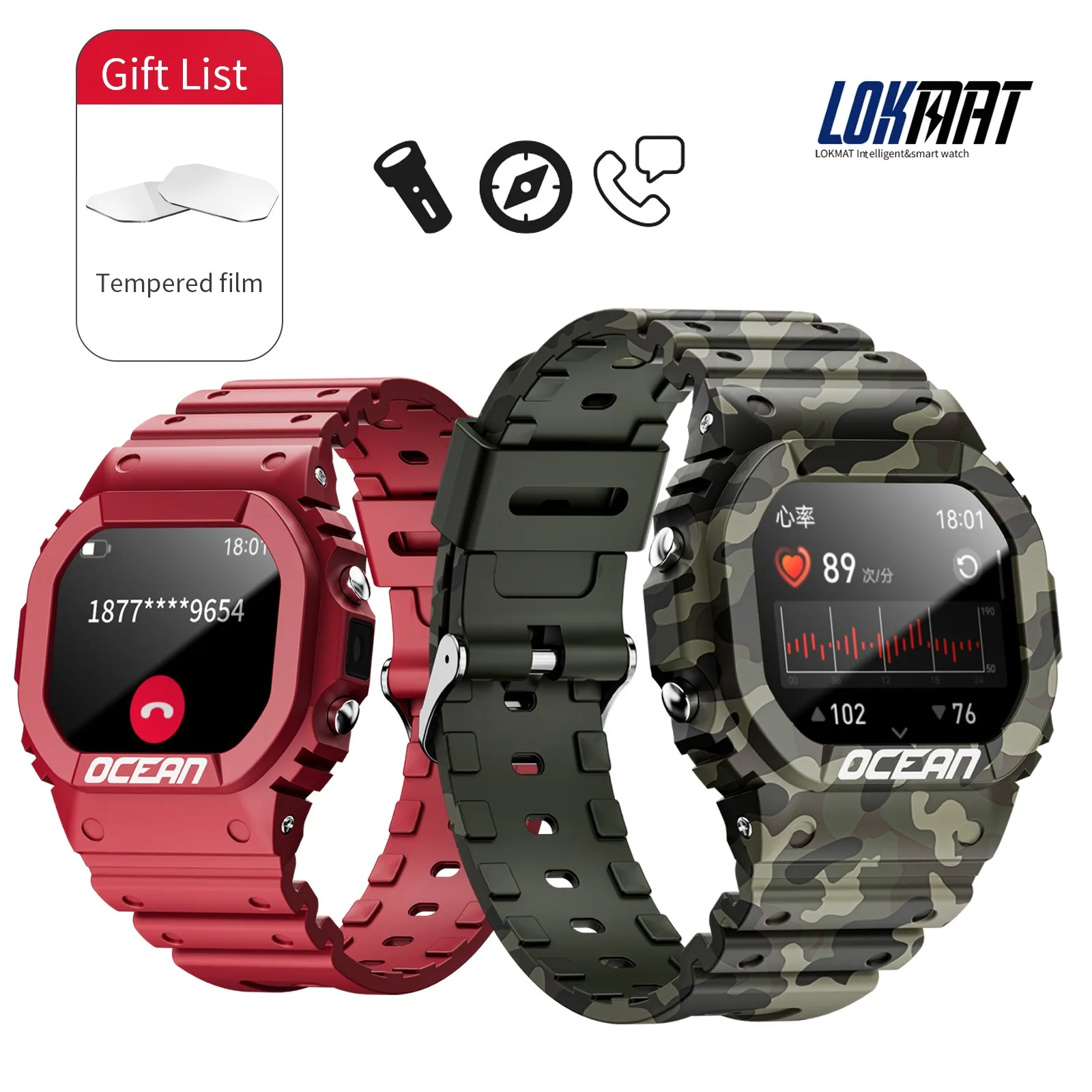 

OCEAN 1.75'' Outdoor Sports Bracelet Touch Screen Bluetooth Call Flashlight SOS Compass Blood Pressure & Blood Oxygen Monitoring