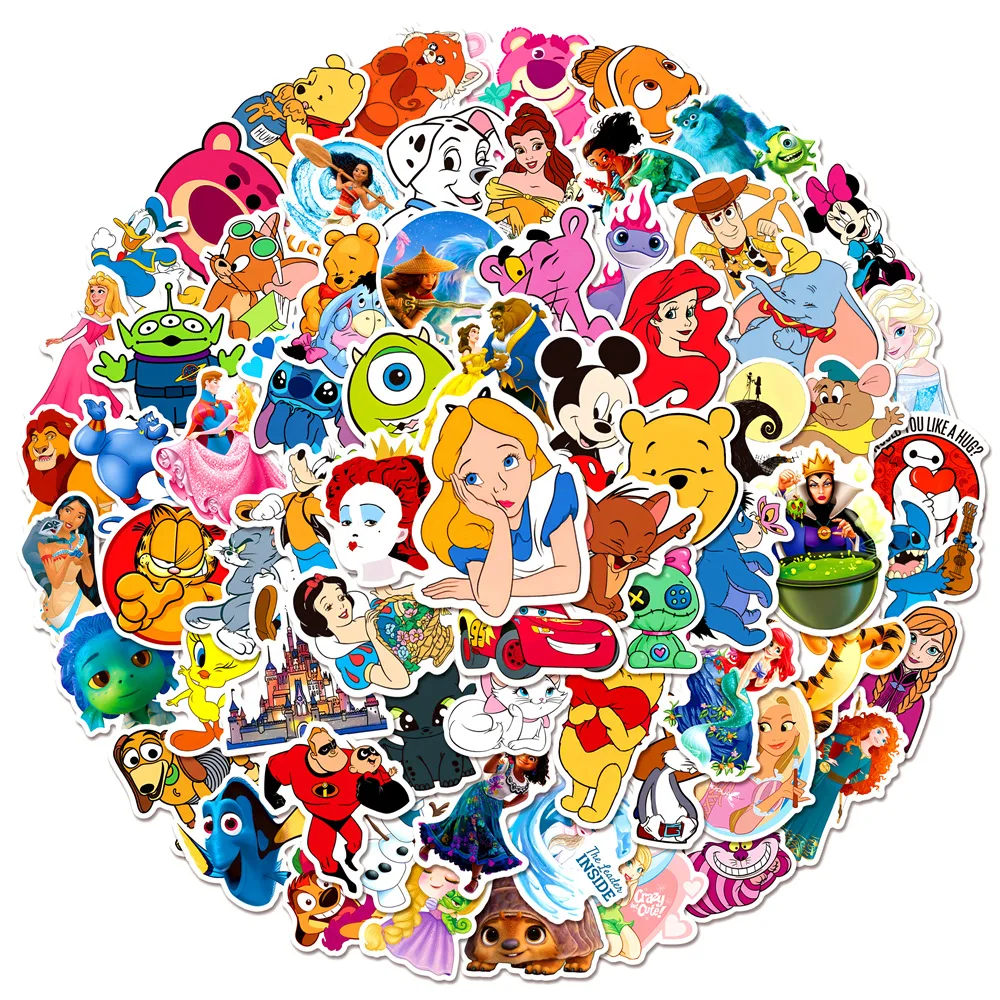 50/100pcs Disney Mix Cartoon Cute Stitch Micky Princess Stickers Vinyl Laptop Luggage Skateboard Waterproof Girl Sticker