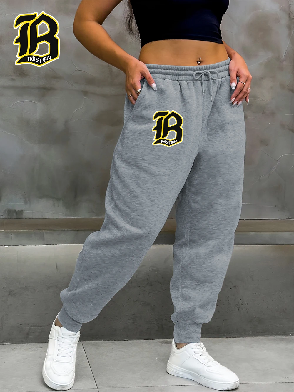 Boston Simple lettre B pantalons de survêtement femmes bases taille élastique pantalon sportif hiver poche pantalon ample décontracté polaire vêtements