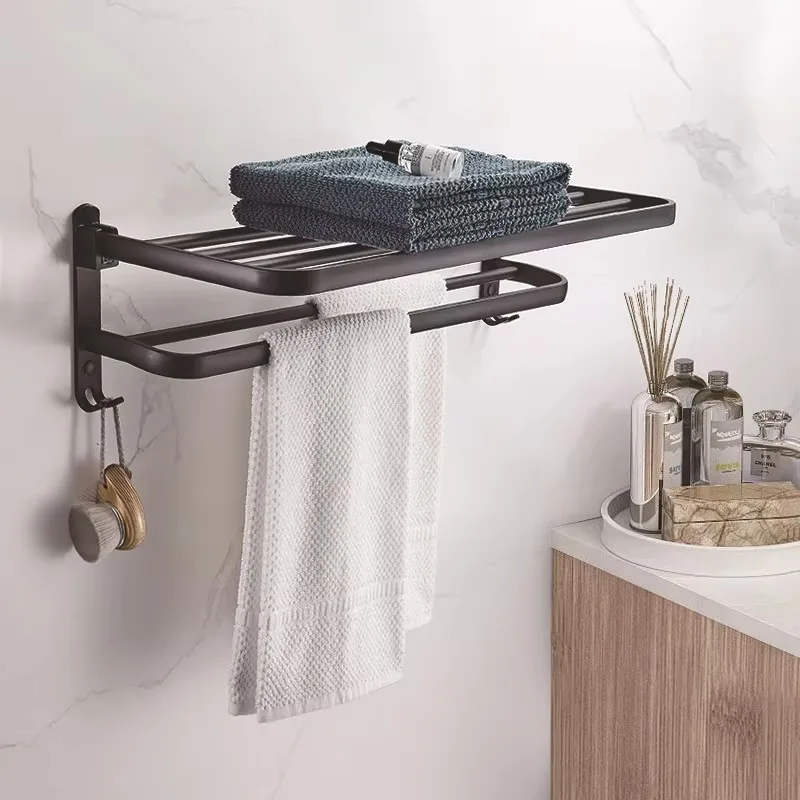 Bathroom Shelf Folding Black Space Aluminum Wall Rack Bathroom Towel Rack Bathroom Hanger Towel Strip No Punching