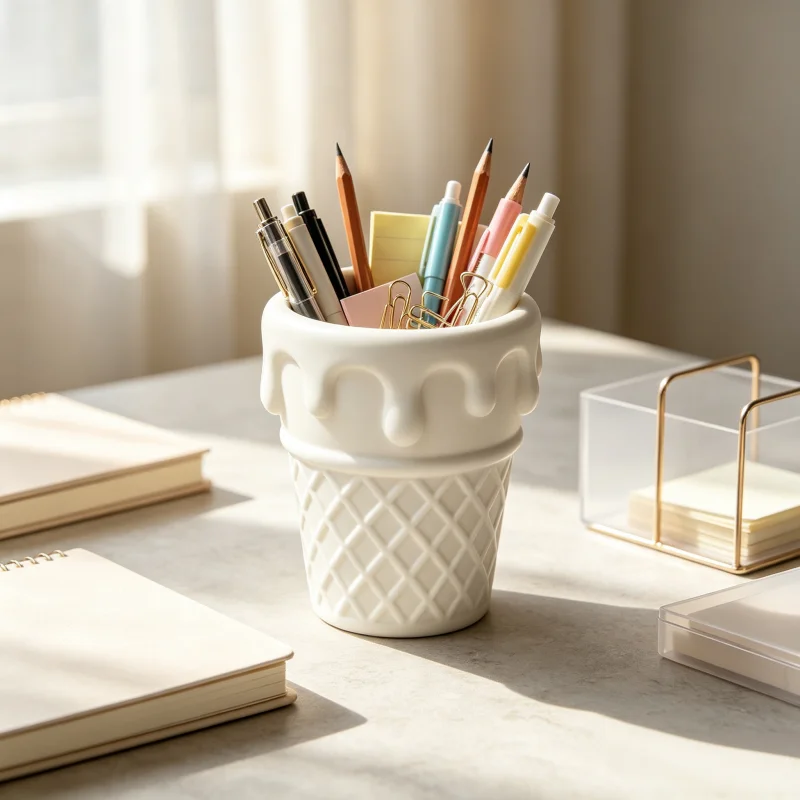 Atmospheric Waffle Ice Cream Cone Pen Holder, Melted Cream-Shaped Desktop Storage Container, Ideal Desktop Accessory for Students and Office Workers