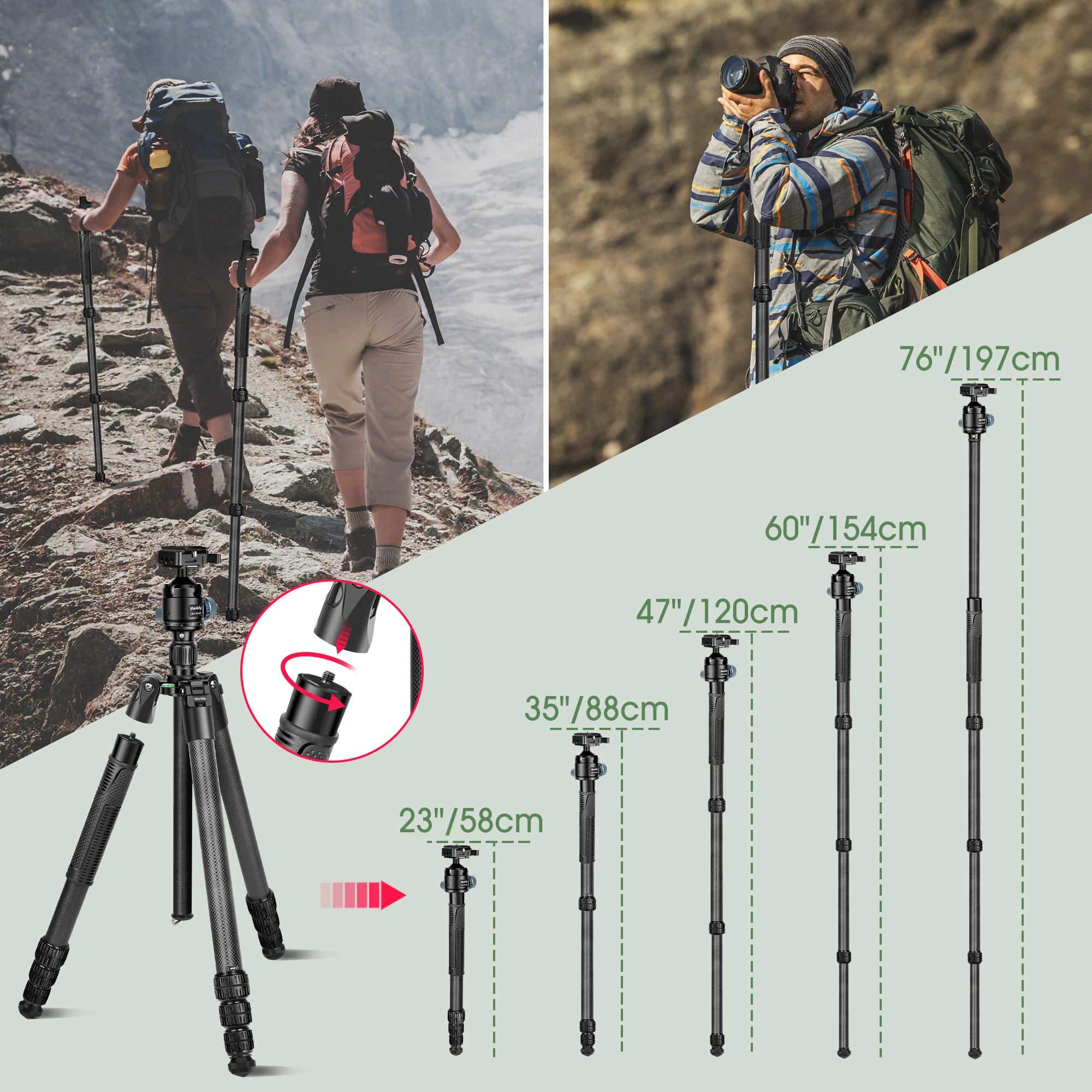 Manbily MC-364 Professional 3K Carbon Fiber Tripod 36mm Large Tube 4-sections Camera Tripod Photographic travel Tripod