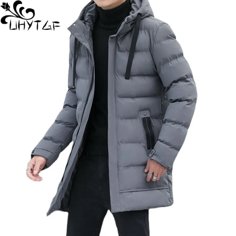 UHYTGF-Parkas de algodón con capucha para hombre, abrigo informal de largo medio y grueso, chaqueta de plumón a prueba de viento, prendas de vestir