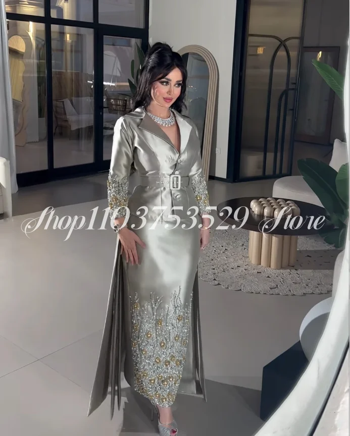 Champagne Women\'s Two Piece Evening Dresses Luxury Diamante Appliques Long Sleeve Arab Party Dresses Customized vestidos elegant