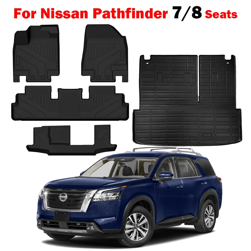 

Коврики для Nissan Pathfinder 7/8 мест 2022 2023 2024 2025 с ковриком на спинку и ковриком в багажник, всепогодный резиновый вкладыш из ТПЭ