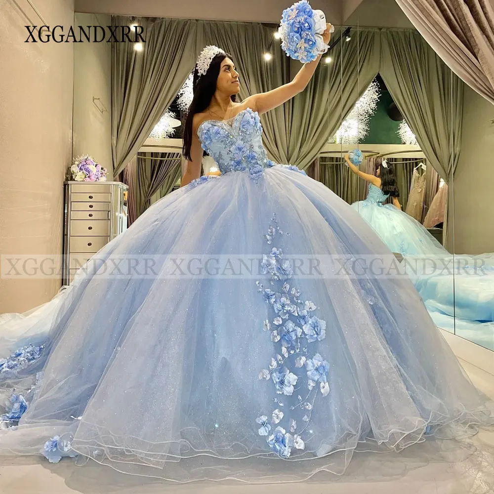 Customized Long Train Sky Blue Quinceanera Dress 2024 Mexican Vestidos De 15 Ball Gown Cinderella Girl Princess Sweet 16 Dress