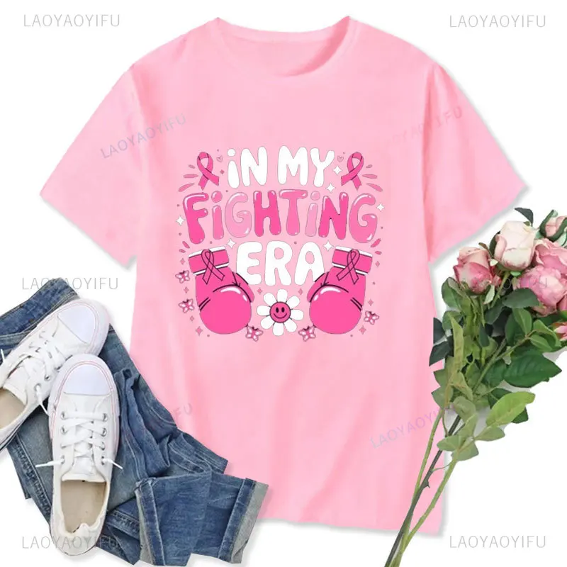 In My Fighting Era T-shirt Breast Cancer Awareness Women Tshirt Awareness Ribbon Graphic T Shirts High Quality Cotton Tees Top