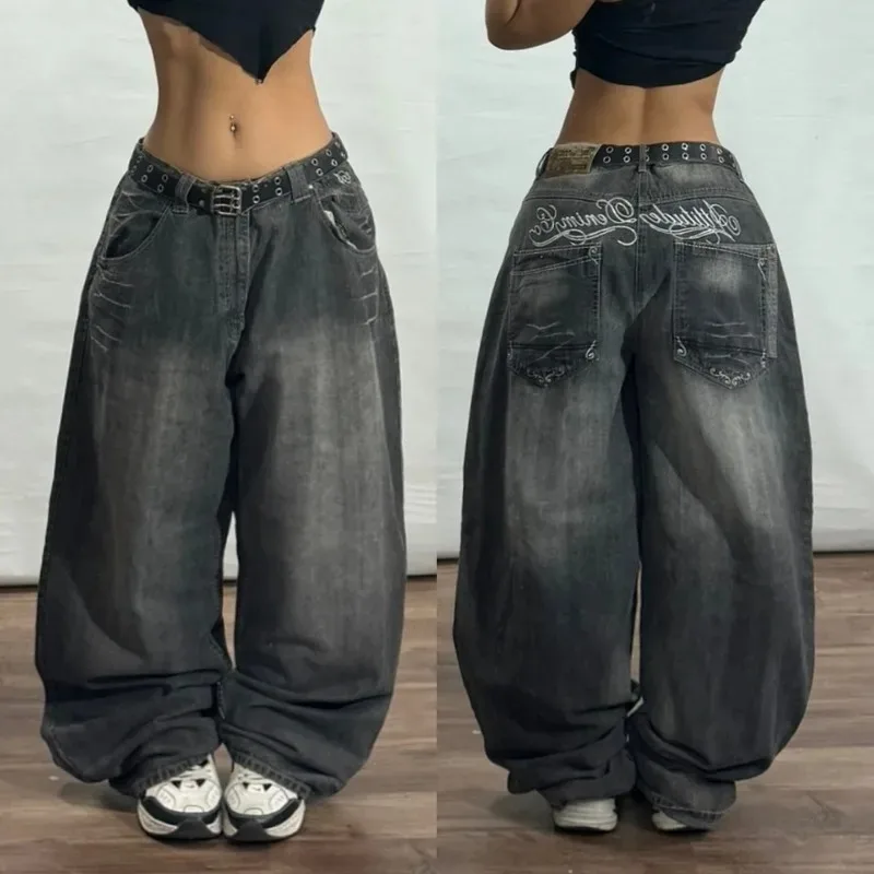 Y2K Fashion New Letter Printing Black Baggy Jeans Ladies Street Vintage Popular Hip Hop Casual Joker High Waist Wide Leg Pants