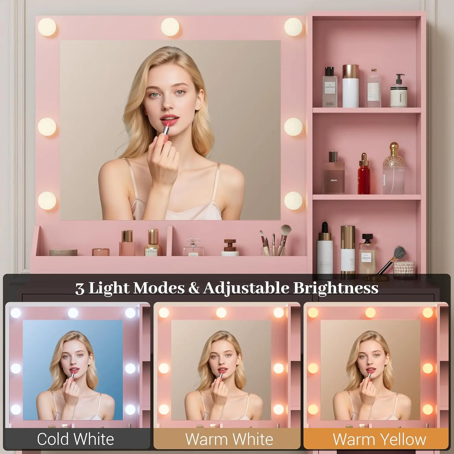 Bedroom Makeup Vanity, with 34''W, Charging Station, RGB Glass Cabinet, 3 Color Lighting Modes and Adjustable Brightness view 2