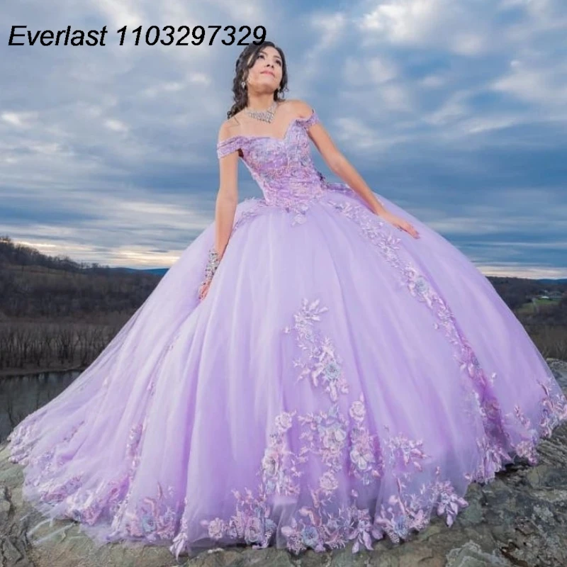 EVLAST-Vestido De Quinceañera De lavanda brillante, Vestido De baile, apliques De encaje, cristal con capa, corsé dulce, 15 años, TQD571