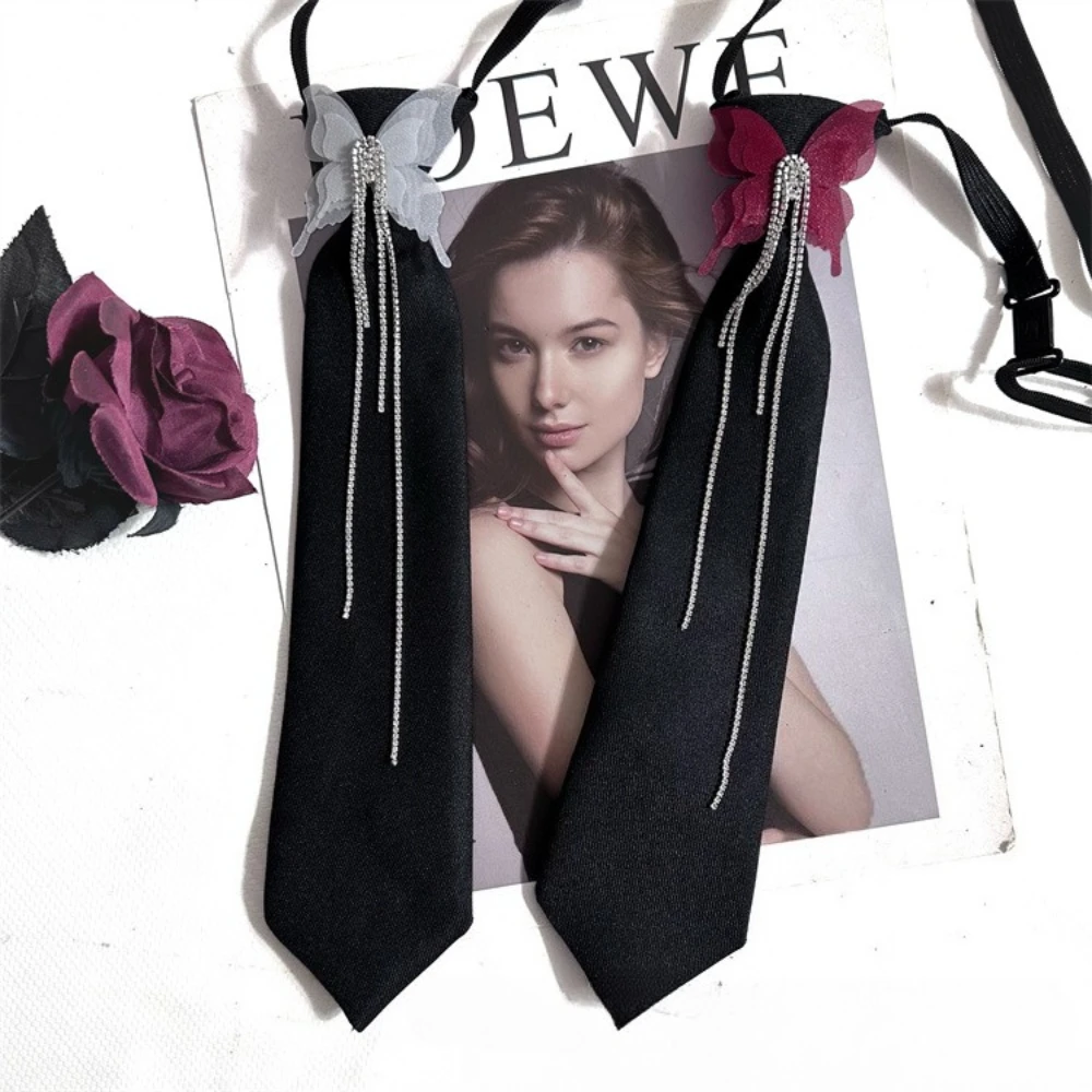Black Fabric Bow Tie  Butterfly Rhinestone Tassel Decoration Adjustable Necktie JK School Party Banquet Jewelry Accessories