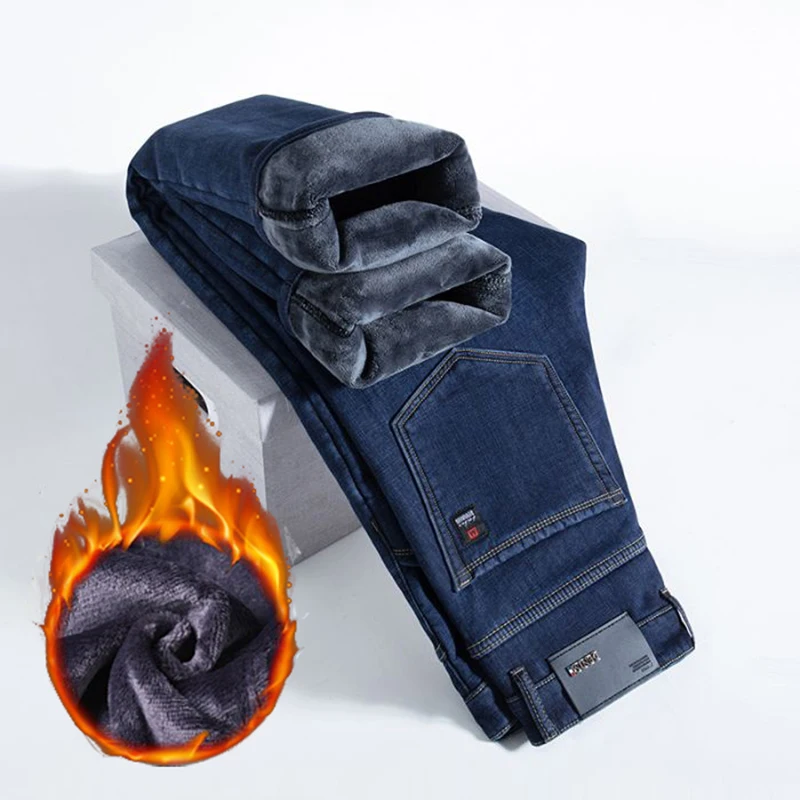 Men Winter Wear-resistant Fleece Jeans Male Fashion Thickened Warm Business Casual Pants Classic Loose High Waist Denim Trousers