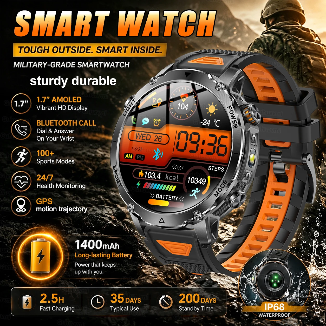 GUHUAVMI Nouvelle montre connectée pour hommes et femmes, 1400 mAh, étanche, résistante aux chocs, fréquence cardiaque, sommeil sain, appel Bluetooth, cadran personnalisé, lampe de poche, montre connectée pour sports de plein air