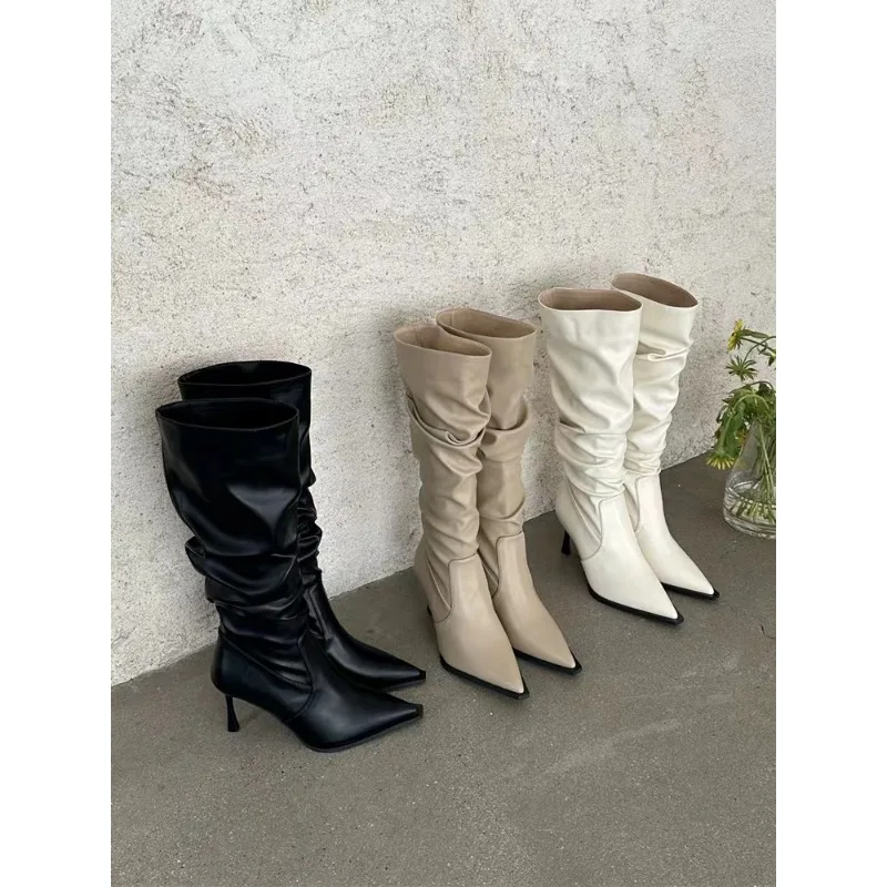 2024 Fall New Pointy Retro Pleated Leather Boots High Heels Sleeve Boots Pointy But Knee Boots Skinny Heel Pile Women\'s Boots