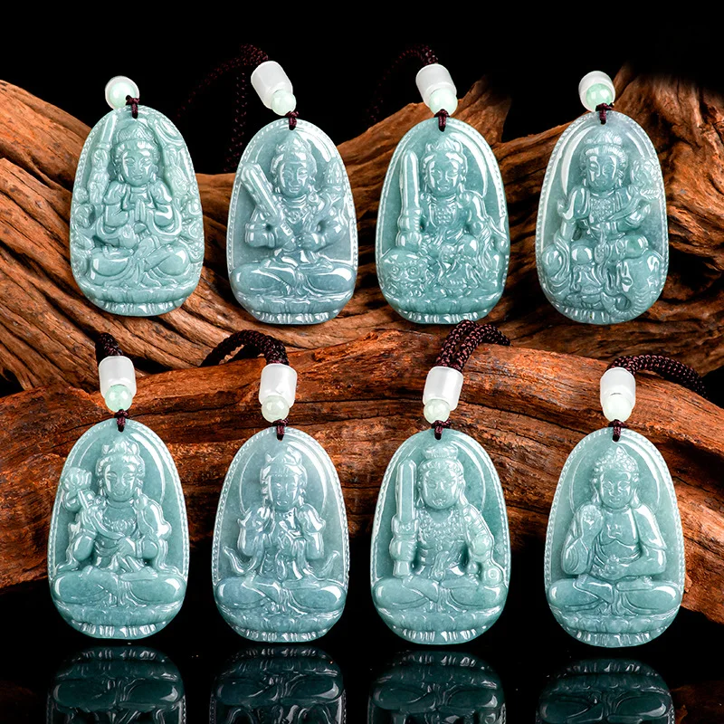 Natural A-grade Jade Blue Water Eight Guardian Gods Twelve Zodiac Pendant Primordial Buddha Guanyin Bodhisattva For Male Female