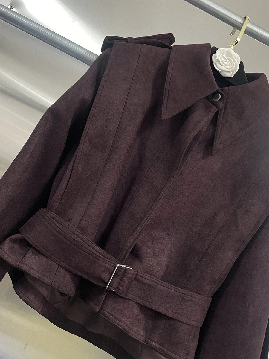 GALCAUR コーヒースプライスサッシュシックジャケット女性ラペル長袖ルーズヴィンテージストリートウェア女性のジャケット秋スタイルファッション