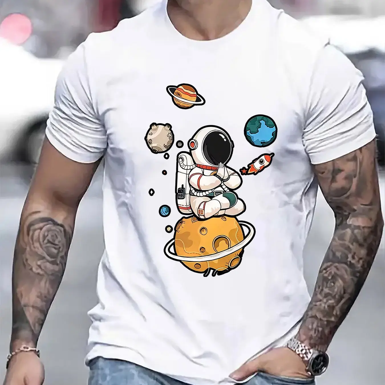 Men Astronaut Graphic T-Shirt Casual Crew Neck Short Sleeve Breathable Polyester Tee with Space-Themed Design Men Clothing