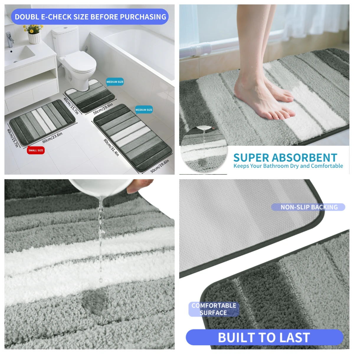 Striped Microfiber Bath Mat 50×80CM & 40×50CM Absorbent Carpet Set Non-Slip Washable Toilet Rugs for Shower Floor Bathroom Mats
