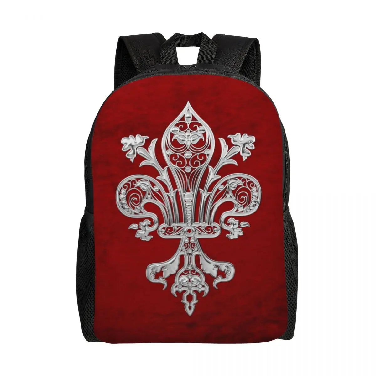 

Personalized Silver Filigree Fleur De Lis Backpacks Men Women Basic Bookbag for School College Lily Flower Fleur-De-Lys Bags