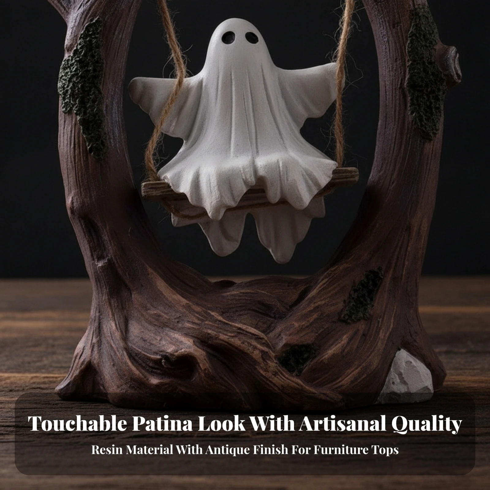 Resin Tree Frame with Ghost Swing Gothic Ghost Ornament with Rope Swing Halloween Tree Trunk Frame Spooky Desk Accent Compact