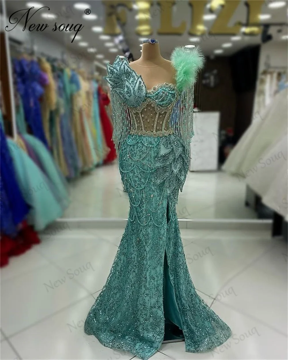 Mint Green Mermaid Evening Dresses Tassel Shoulder Feathers Formal Prom Dress Beading Slit Leaves Birthday Party Gowns Robes