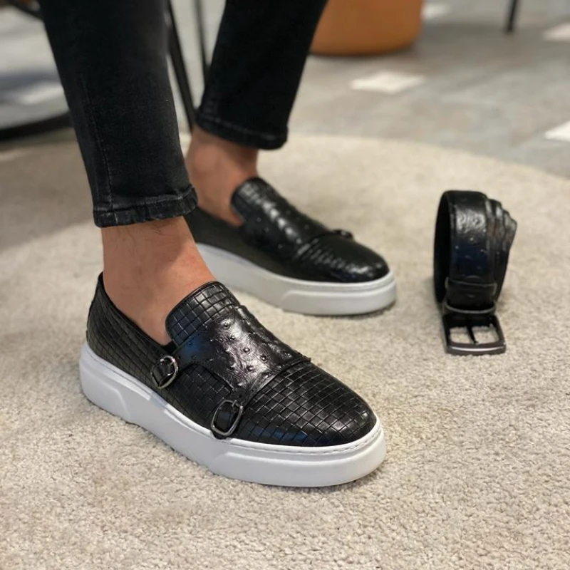 New Brown Men\'s Vulcanize Shoes Double Buckle Monk Shoes Black Slip-On Lazy Shoes Handmade Free Shipping Men Casual Shoes