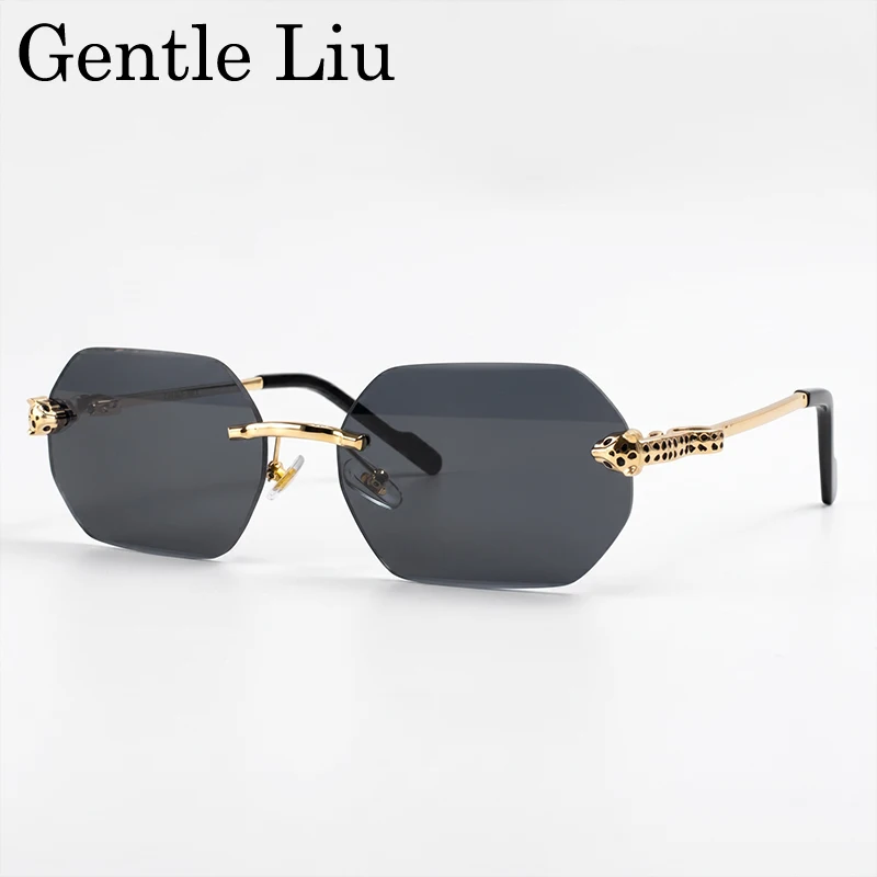 

2026 Luxury Brand Photochromic Square Rimless Punk Sunglasses Men Vintage Polygon Leopard Head Sun Glasses Male Eyewear Shades