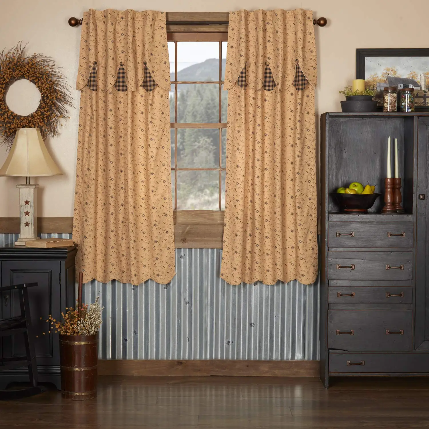 Maisie, Cotton, 63x36, Short Panel Attached Scalloped Layered Valance, Set of 2, Tan
