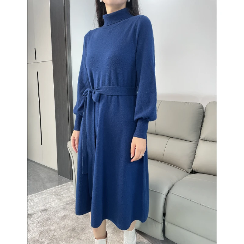 Dress Women\'s Autumn and Winter Knitted Thickened High Neck Long Sleeve Solid Color with Coat Medium Long Warm Fashion Elegant