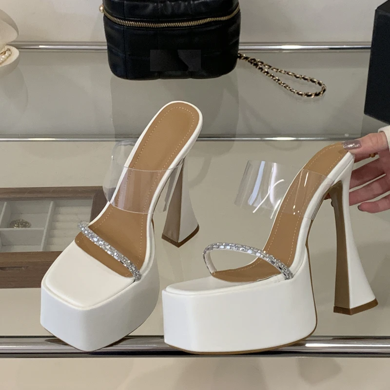

Eilyken Fashion Crystal Diamond PVC Transparent Women Slippers Summer Platform Square Toe High Heels Slide Shoes